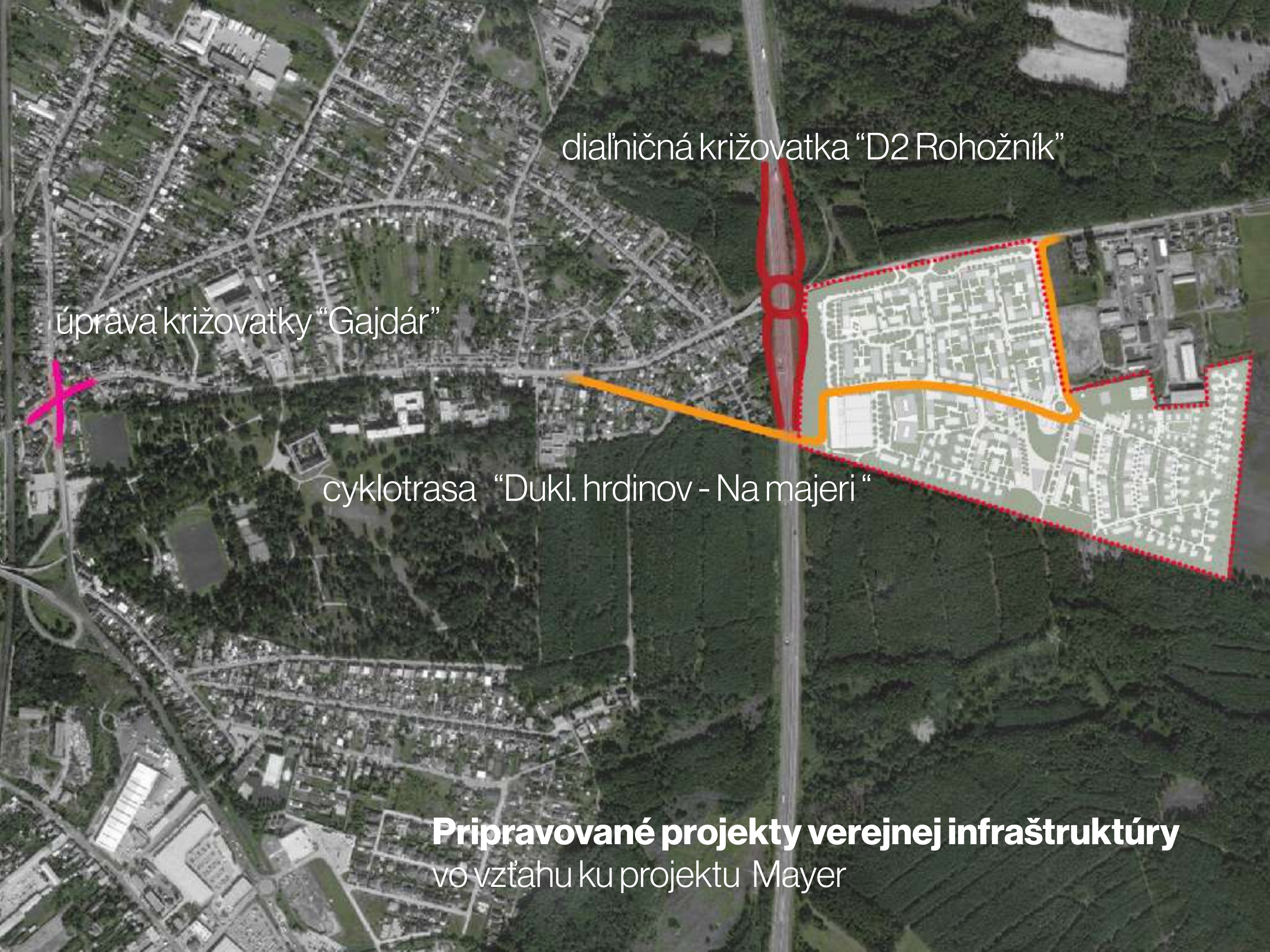 Mapa polohy projektu Mayer v Malackách a pripravovaných projektov verejnej infraštruktúry