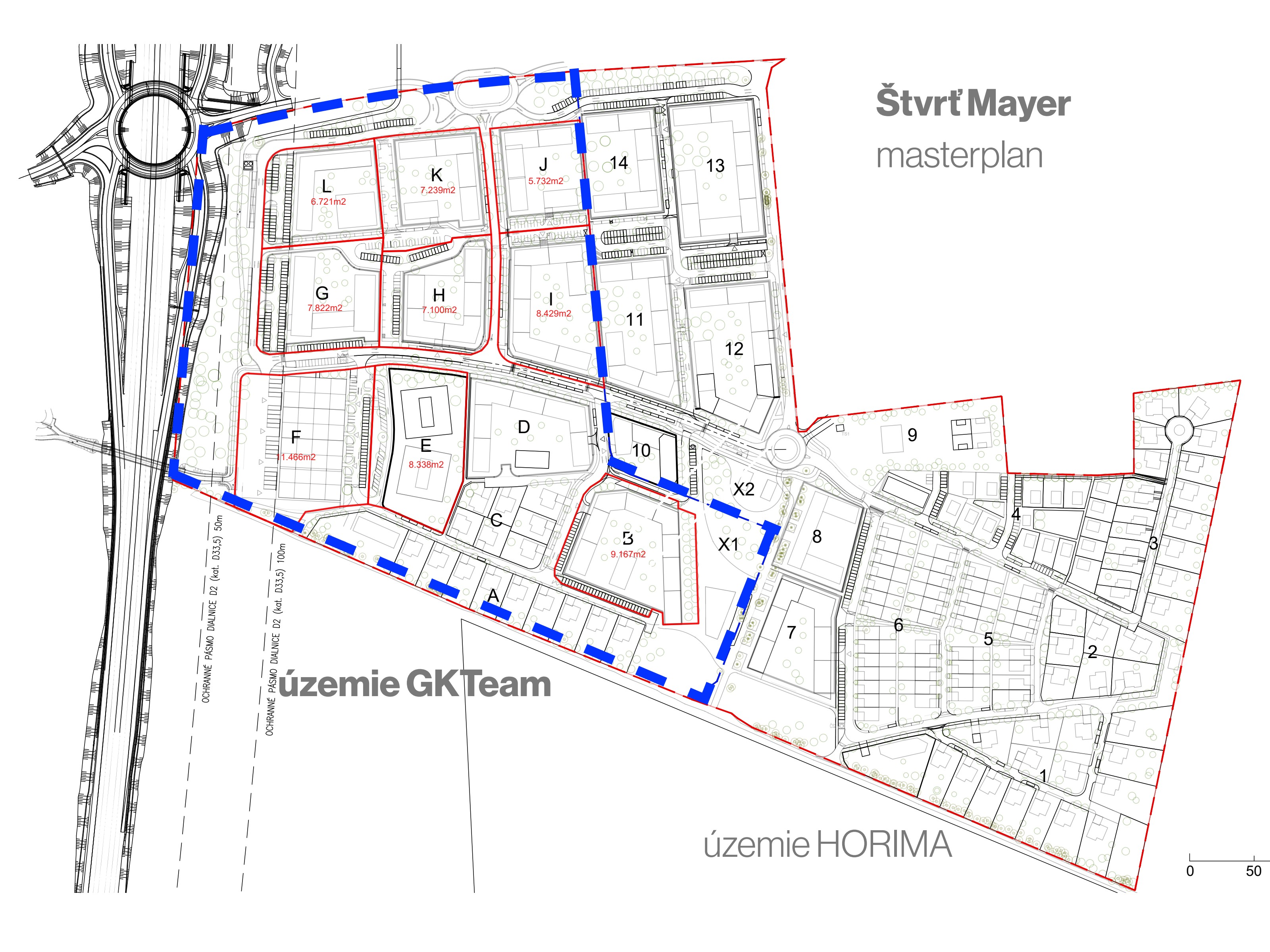 Masterplan územia Mayer s rozdelením na bloky
